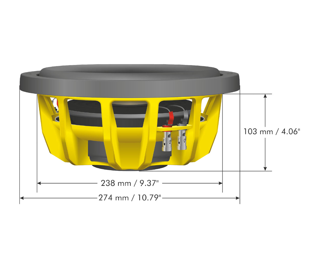 Ground Zero GZHW 10SPL-D2 FLAT - šoninis vaizdas su matmenimis ir jungtimis