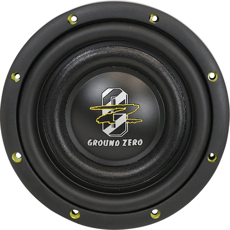 Ground Zero GZHW 8SPL-D2 FLAT - Priekinė dalis su logotipu ir tvirtinimo skylutėmis