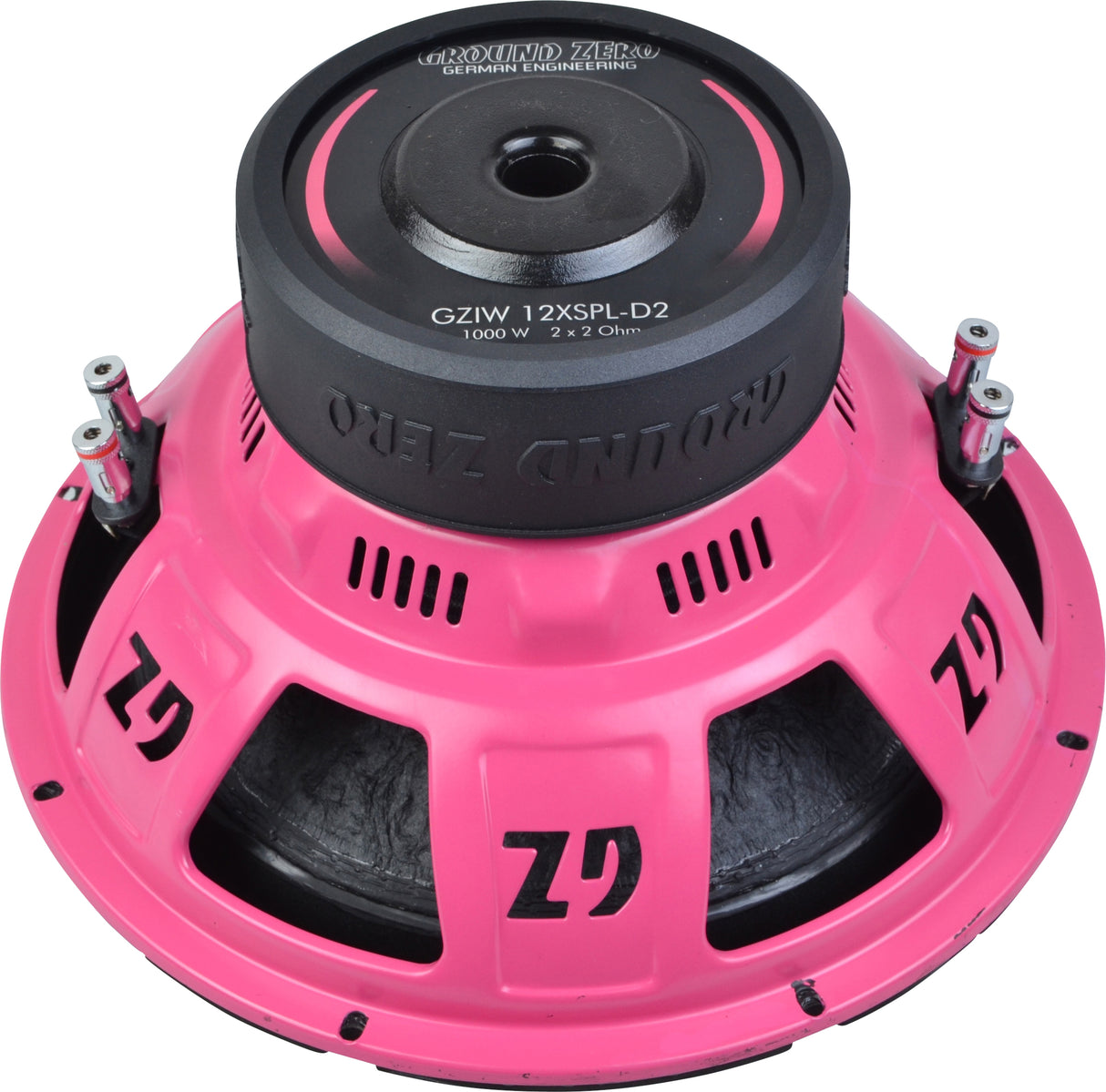 Ground Zero GZIW 12XSPL-D2 PINK - Rožinis korpusas su jungtimis iš šono