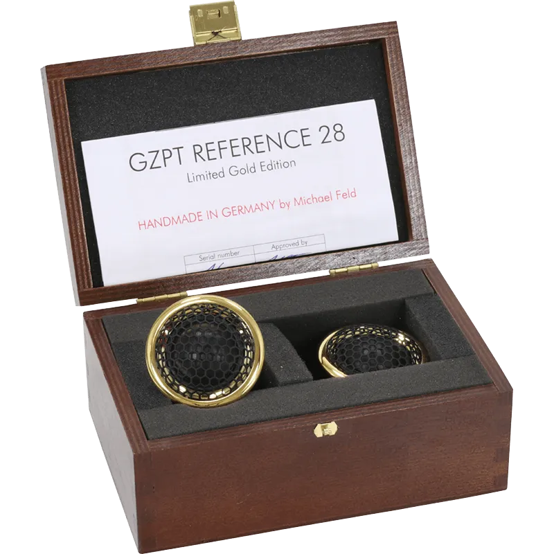 Ground Zero GZPT Reference 28 GOLD Limited Edition, aukštų dažnių garsiakalbis - medinė dėžutė su garsiakalbiais ir sertifikatu