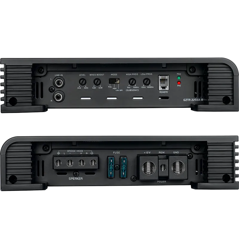 Ground Zero GZTA 2255X-B, automobilinis garso stiprintuvas - galinė panelė su jungtimis ir indikatoriais