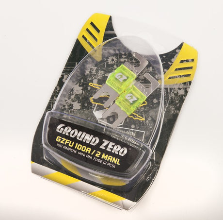 Ground Zero mini ANL 100A saugikliai 2 vnt. - Pakuotė su saugikliais ir aprašymu