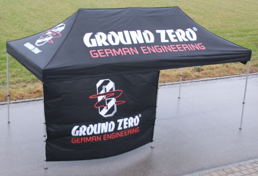 Ground Zero palapinė 3x6m - priekinė panelė su logotipu ir užrašais