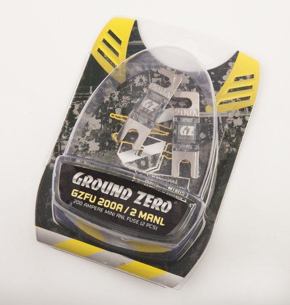 Ground Zero saugikliai mini ANL 200A 2 vnt. - Pakuotė su saugikliais ir užrašu
