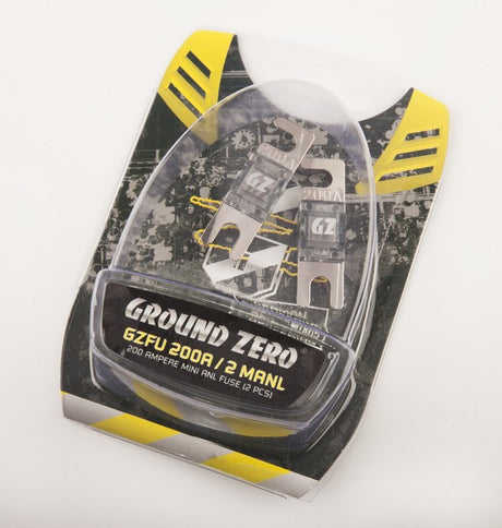 Ground Zero saugikliai mini ANL 200A 2 vnt. - Pakuotė su saugikliais ir užrašu