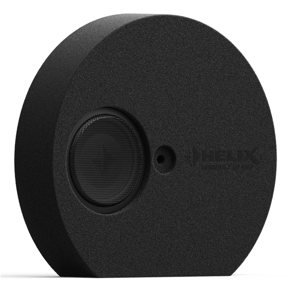 HELIX IK ER8.1-DVC2, 300W žemų dažnių kolonėlė skirta dėti į atsarginio rato vietą - apvalus juodas korpusas su garsiakalbiu ir logotipu