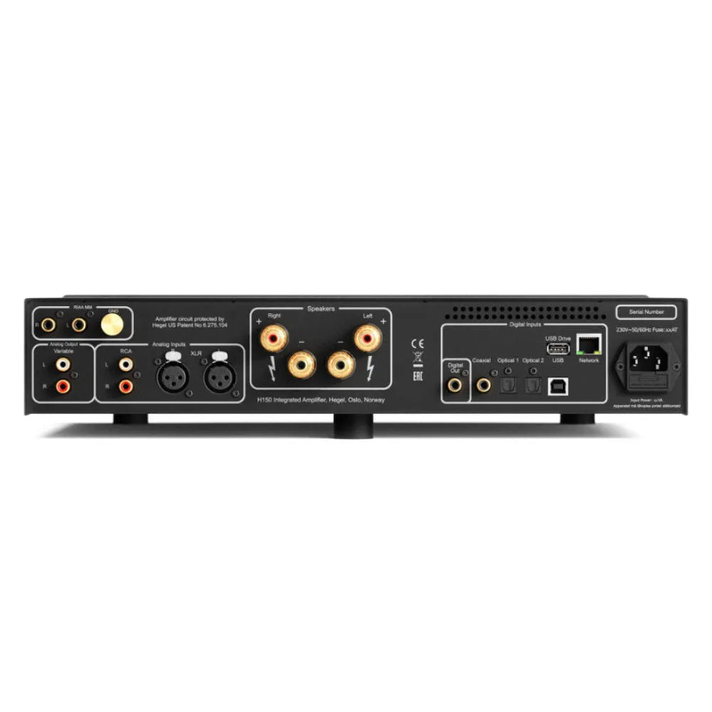 Hegel H150, tinklo grotuvas su integruotu stereo stiprintuvu, DAC ir Phono - galinė panelė su įvairiomis jungtimis