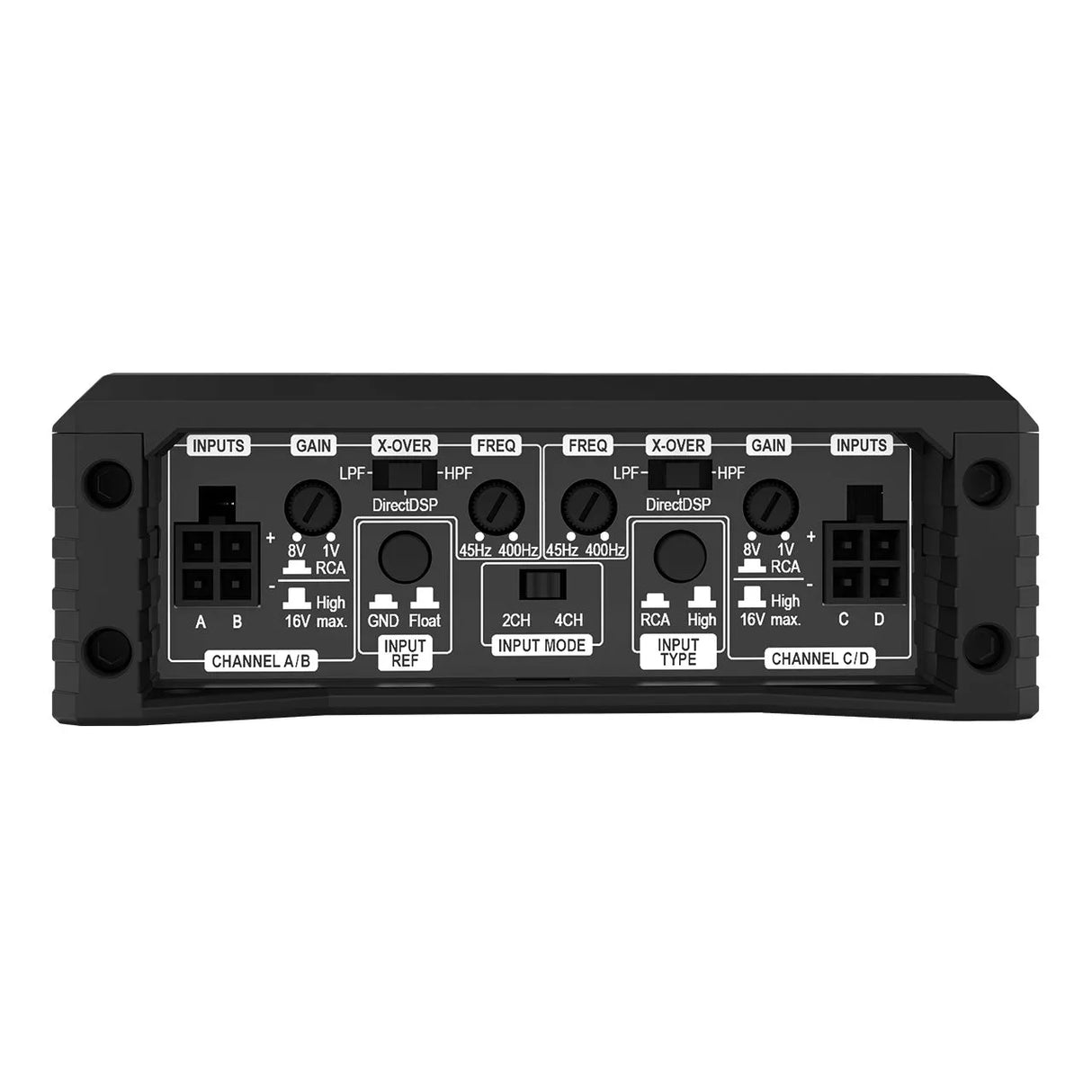 Helix AMPLIFY 204 X-OVER – 24V Edition, 4-ių kanalų automobilinis garso stiprintuvas - Priekinė panelė su jungtimis ir valdikliais