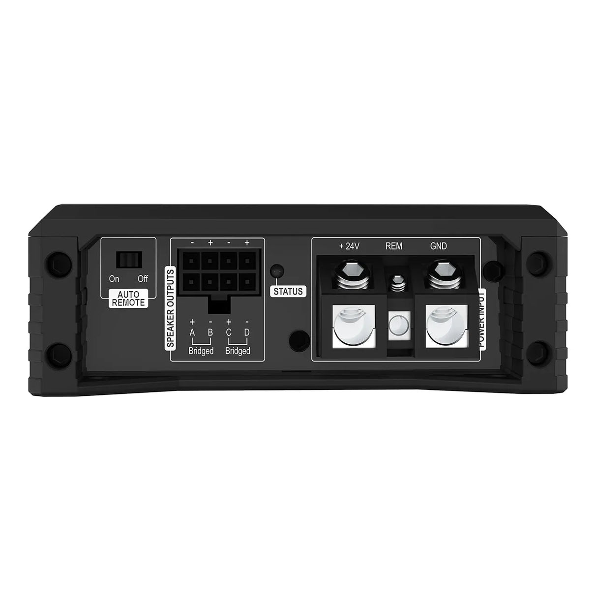 Helix AMPLIFY 204 X-OVER – 24V Edition, 4-ių kanalų automobilinis garso stiprintuvas - Galinė panelė su jungtimis ir jungikliais