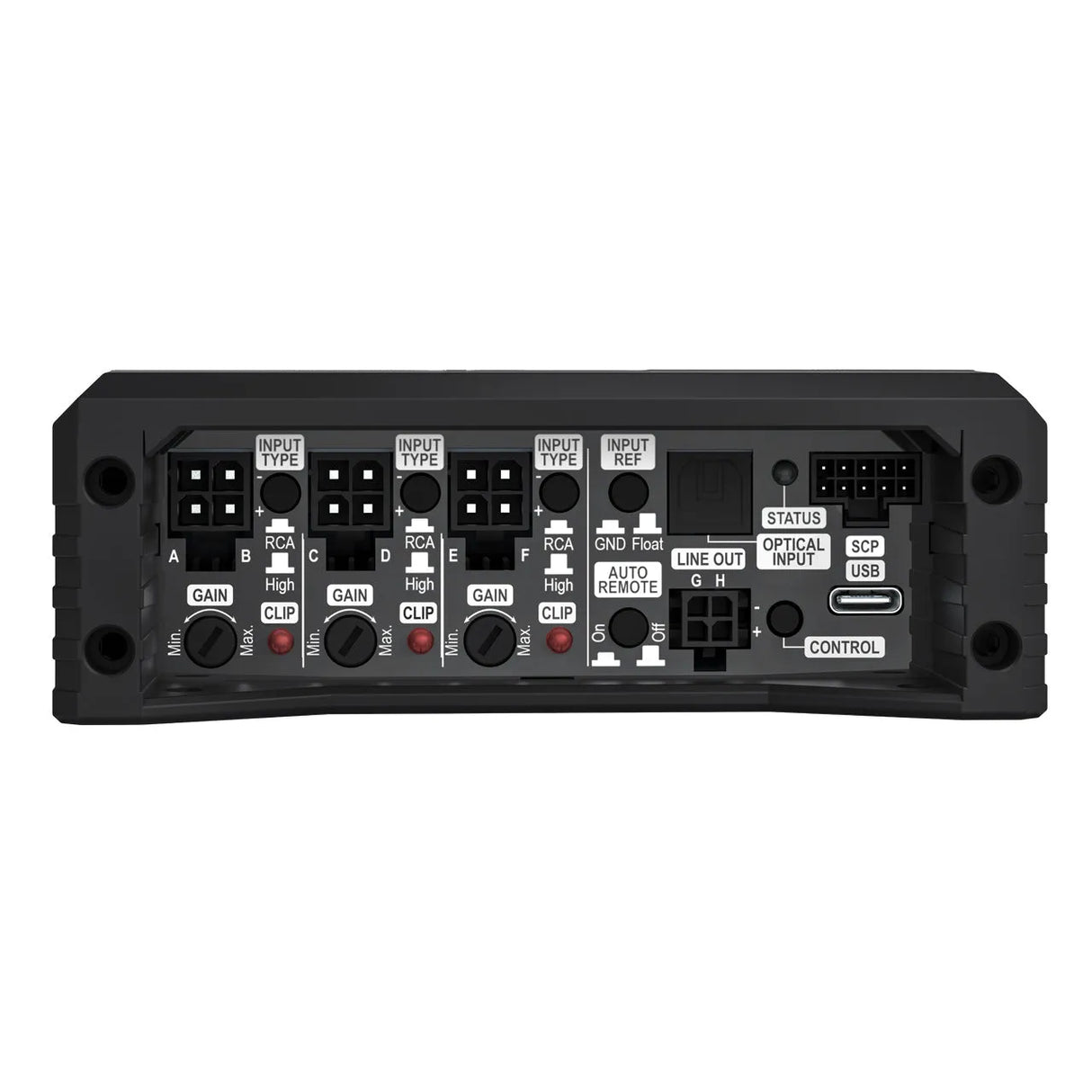 Helix AMPLIFY 206 DSP, 6-ių kanalų automobilinis stiprintuvas su 8-ių kanalų DSP - galinė panelė su jungtimis ir valdikliais