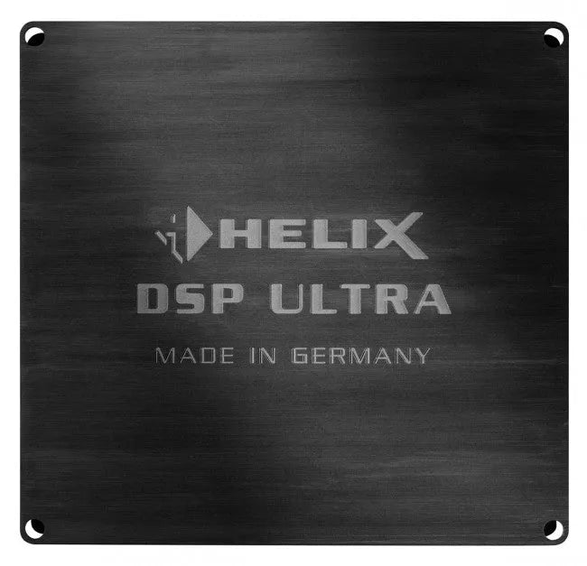 Helix DSP Ultra, signalų procesorius - Šlifuoto metalo paviršius su logotipu ir užrašais