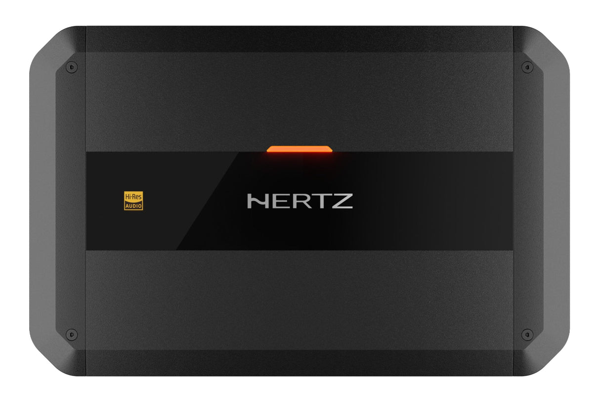 Hertz DP 4.300, 4-ių kanalų automobilinis garso stiprintuvas - šviečiantis oranžinis indikatorius ir logotipas