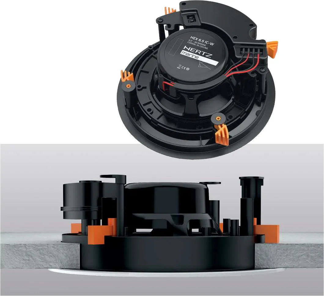 Hertz HEX 6.5 IC-W, 6.5” Marine lubinis garsiakalbis 100W - Garsiakalbio galinė dalis ir tvirtinimo mechanizmas