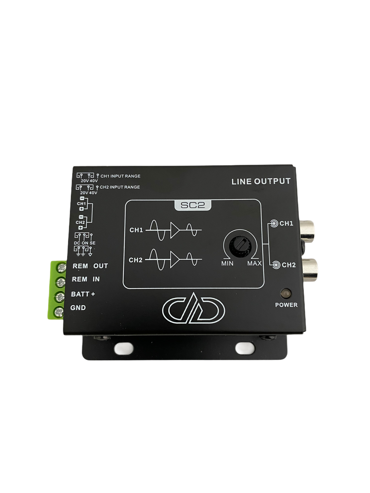 DD Audio SC-2 - galinė panelė su jungtimis ir indikatoriumi