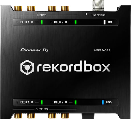 INTERFACE2 Audio Interface for Rekordbox - Viršutinė panelė su jungtimis ir indikatoriais