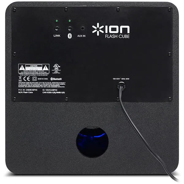 ION FLASH CUBE, belaidė Bluetooth kolonėlė - galinė panelė su jungtimis ir laidu