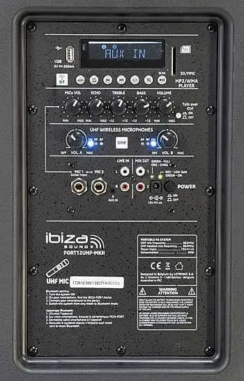 Ibiza-Sound PORT 12UHF-MKII, nešiojama garso sistema su akumuliatoriumi + 2x UHF belaidžiai mikrofonai, USB/SD/AUX/BT