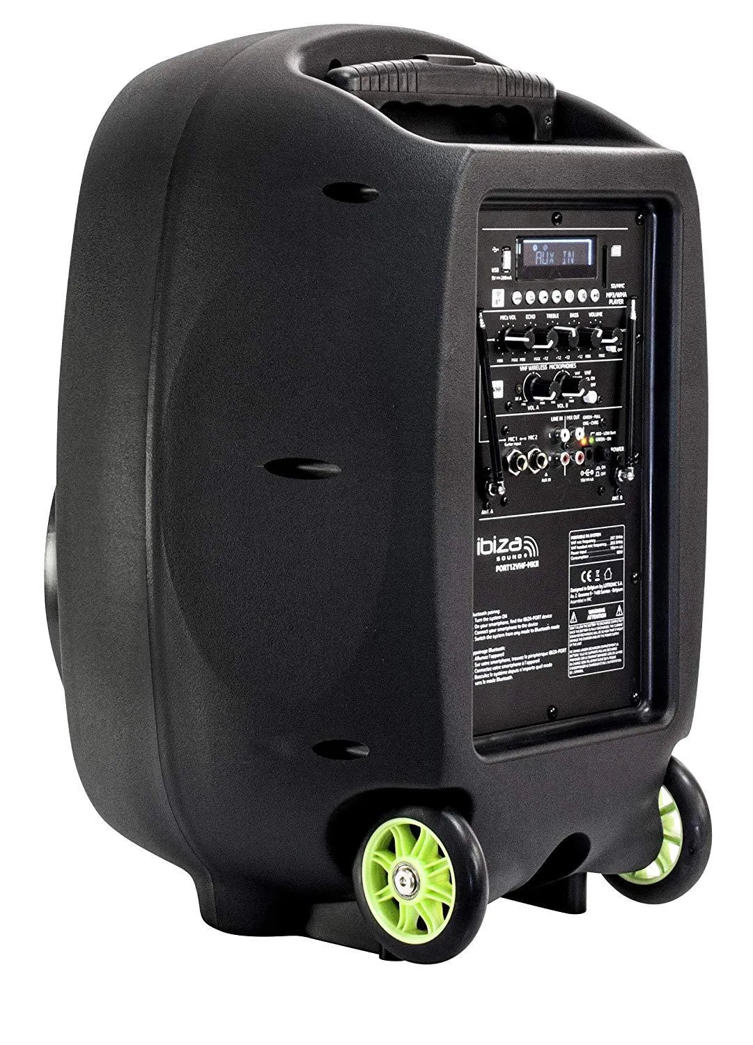 Ibiza-Sound PORT 12VHF-MKII, nešiojama garso sistema su akumuliatoriumi + 2x VHF belaidžiai mikrofonai, USB/SD/AUX/BT