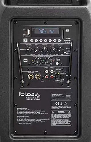 Ibiza-Sound PORT 12VHF-MKII, nešiojama garso sistema su akumuliatoriumi + 2x VHF belaidžiai mikrofonai, USB/SD/AUX/BT