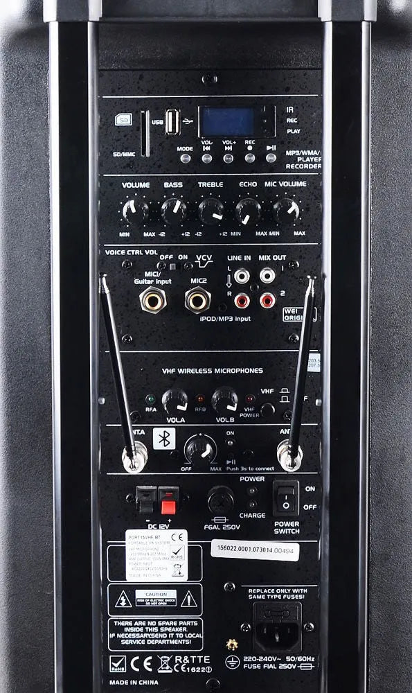 Ibiza-Sound PORT15VHF-BT, garso sistema su akumuliatoriumi ir 2x VHF belaidžiais mikrofonais, USB/BT/REC