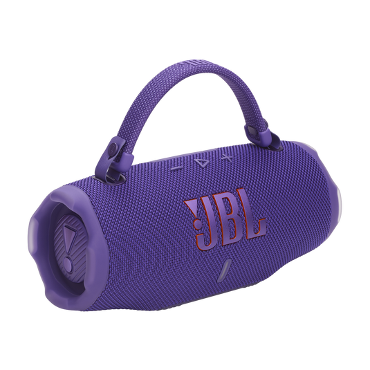 JBL Charge 6, belaidė garso kolonėlė su AI Sound Boost ir IP68, 45W - Violetinė kolonėlė su rankena ir JBL logotipu