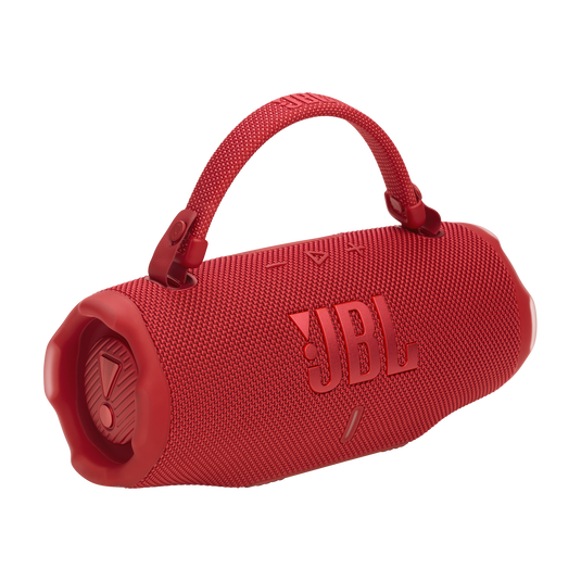 JBL Charge 6, belaidė garso kolonėlė su AI Sound Boost ir IP68, 45W - Raudona kolonėlė su rankena ir logotipu