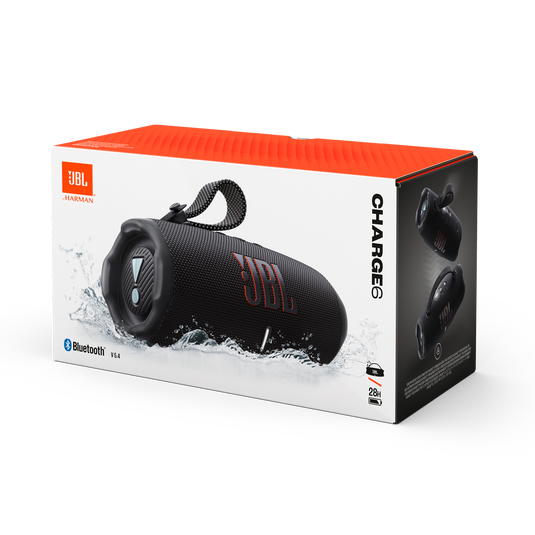 JBL Charge 6, belaidė garso kolonėlė su AI Sound Boost ir IP68, 45W - Kolonėlė pakuotėje su vandens purslais
