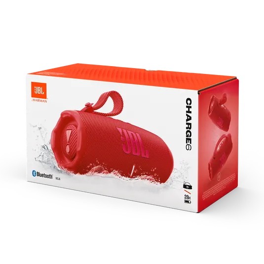 JBL Charge 6, belaidė garso kolonėlė su AI Sound Boost ir IP68, 45W - Pakuotė su kolonėlės vaizdu ir detaliais pavaizdavimais