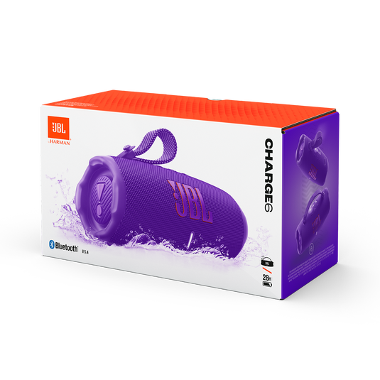 JBL Charge 6, belaidė garso kolonėlė su AI Sound Boost ir IP68, 45W - Pakuotė su kolonėlės atvaizdu ir logotipu