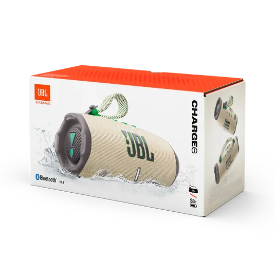 JBL Charge 6, belaidė garso kolonėlė su AI Sound Boost ir IP68, 45W - Kolonėlė su pakuote ir vandens purslais
