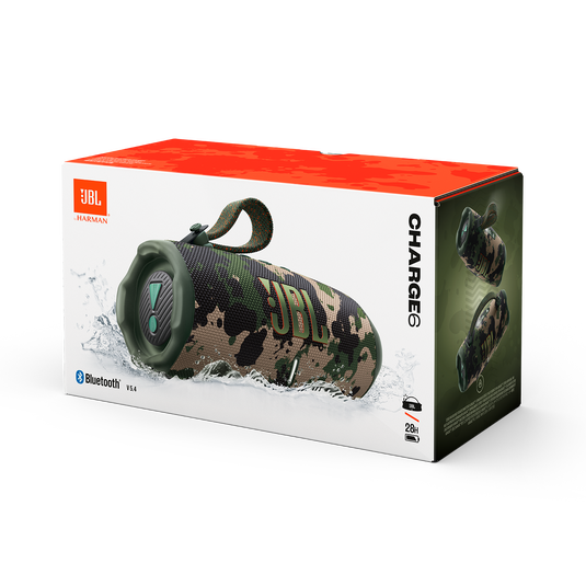 JBL Charge 6, belaidė garso kolonėlė su AI Sound Boost ir IP68, 45W - Kolonėlė su pakuote ir šoninėmis iliustracijomis