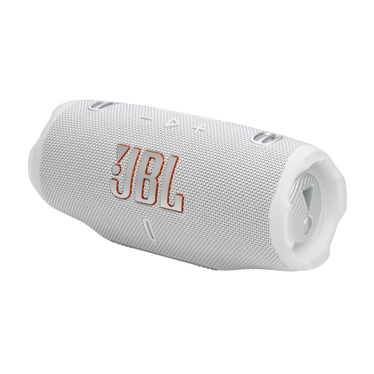 JBL Charge 6, belaidė garso kolonėlė su AI Sound Boost ir IP68, 45W - Balta kolonėlė su oranžiniu logotipu