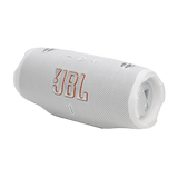 JBL Charge 6, belaidė garso kolonėlė su AI Sound Boost ir IP68, 45W - Balta kolonėlė su oranžiniu logotipu