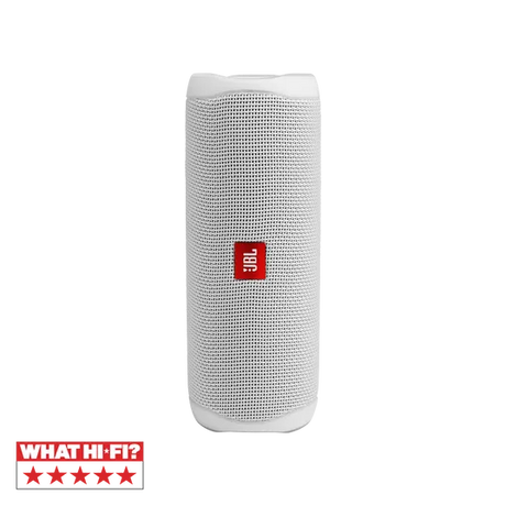 JBL FLIP 5, belaidė Bluetooth garso kolonėlė - balta JBL kolonėlė su logotipu