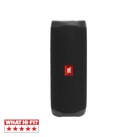 JBL FLIP 5, belaidė Bluetooth garso kolonėlė - Juoda tekstilinė apdaila su raudonu logotipu