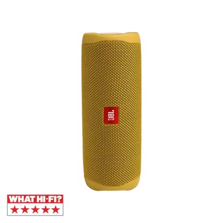 JBL FLIP 5, belaidė Bluetooth garso kolonėlė - Geltonos spalvos kolonėlė su JBL logotipu