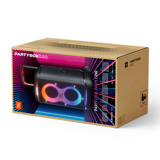 JBL PartyBox 520, nešiojama vakarėlių kolonėlė su AI Sound Boost, 400W - Pakuotė su išskirtiniu dizainu ir kolonėle