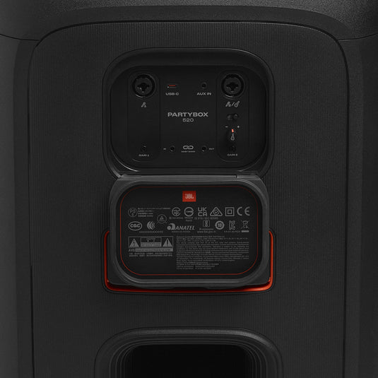 JBL PartyBox 520, nešiojama vakarėlių kolonėlė su AI Sound Boost, 400W - atviras dangtelis su jungtimis ir sertifikatais