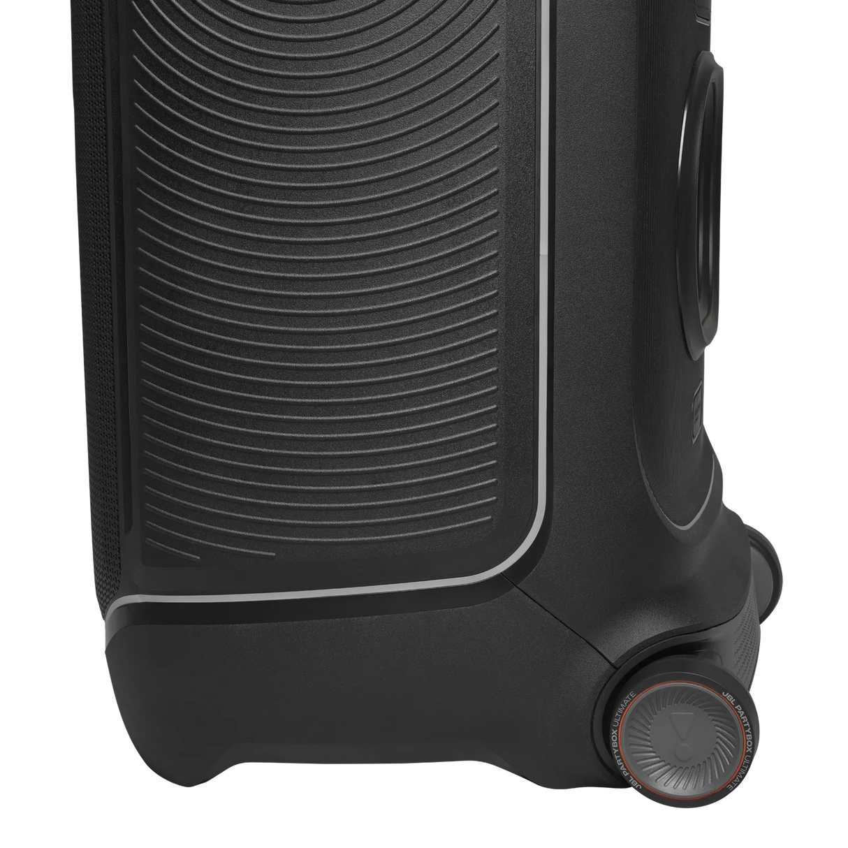 JBL PartyBox Ultimate, galinga nešiojama garso kolonėlė, 1100W - Šoninis vaizdas su ratuku ir logotipu