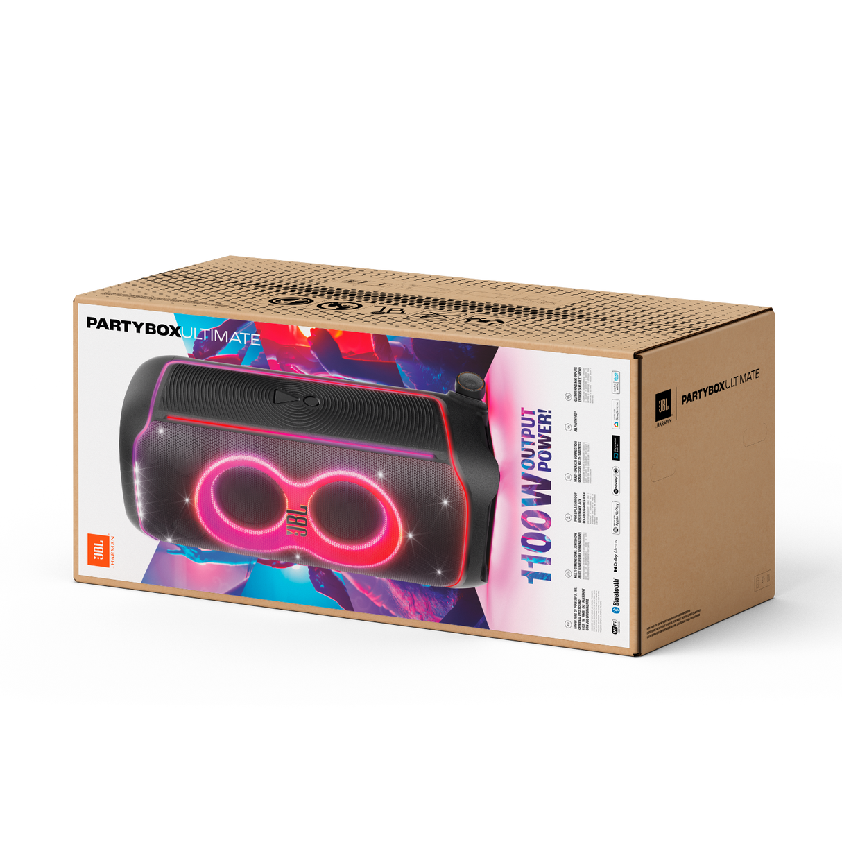 JBL PartyBox Ultimate, galinga nešiojama garso kolonėlė, 1100W - Pakuotė su kolonėlės vaizdu ir aprašymu