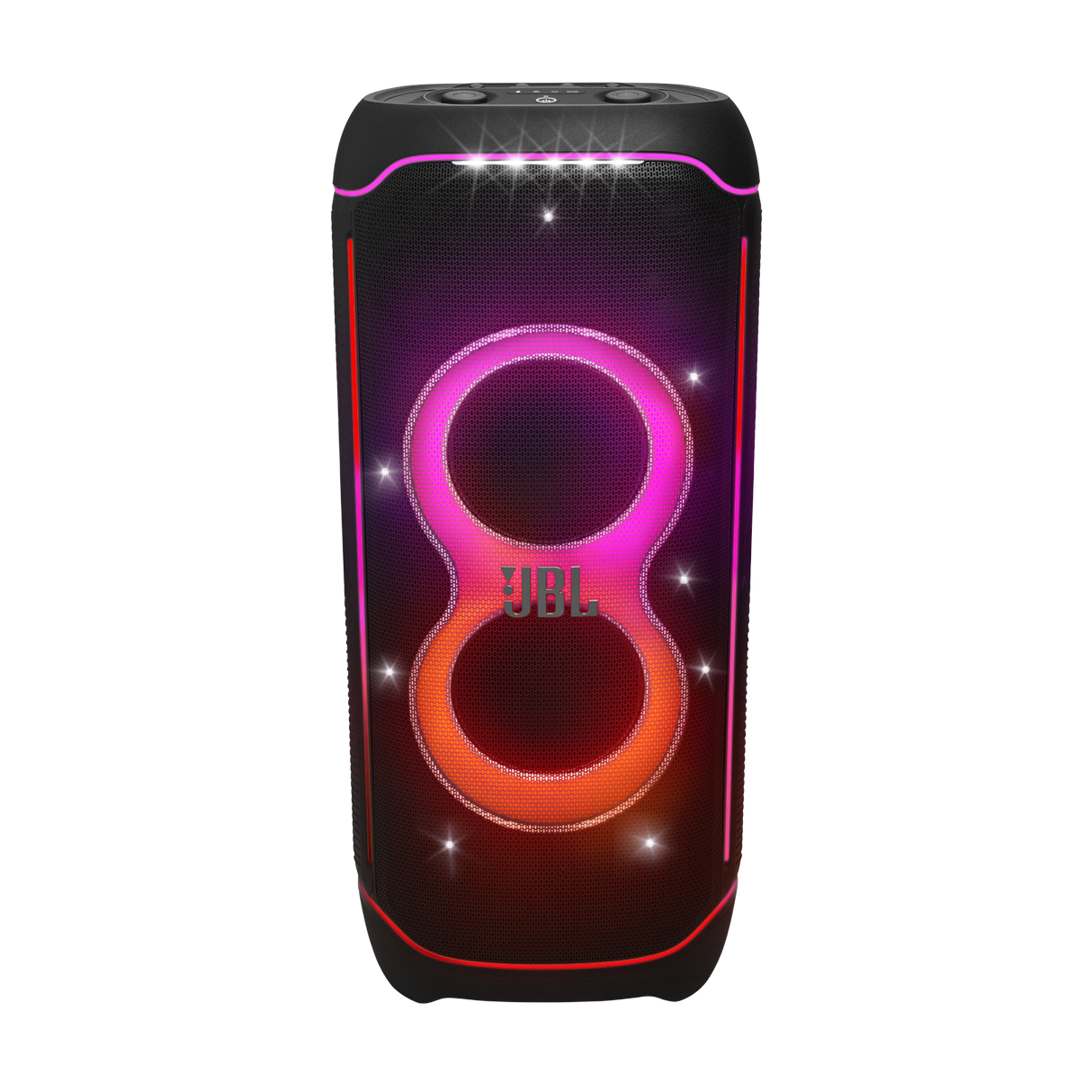 JBL PartyBox Ultimate, galinga nešiojama garso kolonėlė, 1100W - šviečiantis priekinis skydelis su JBL logotipu