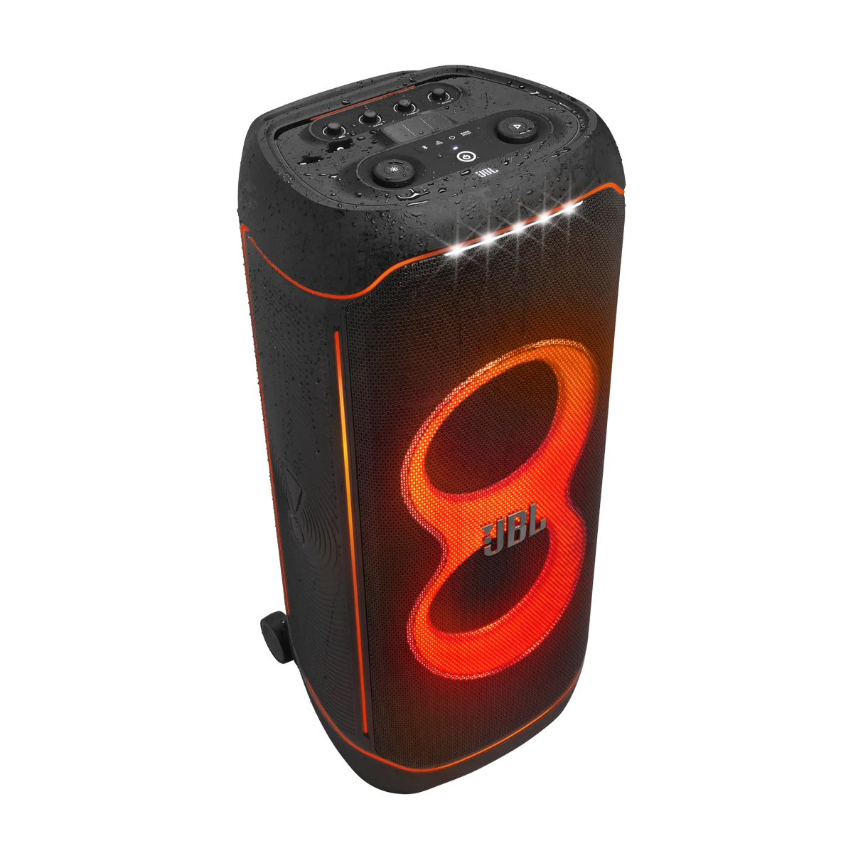 JBL PartyBox Ultimate, galinga nešiojama garso kolonėlė, 1100W - Šoninis vaizdas su apšvietimu ir vandens lašeliais