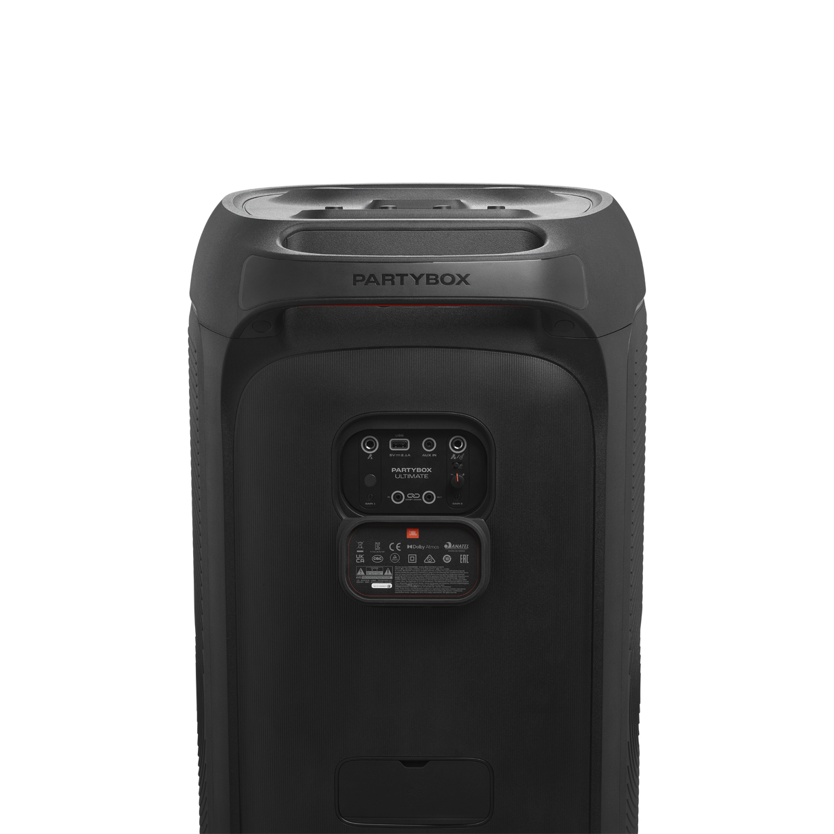 JBL PartyBox Ultimate, galinga nešiojama garso kolonėlė, 1100W - galinė panelė su jungtimis ir logotipais