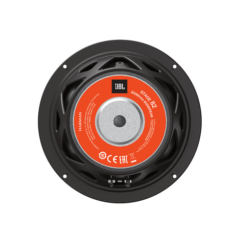 JBL Stage 82, 20 cm automobilinis žemų dažnių garsiakalbis - Garsiakalbio galinė pusė su užrašais