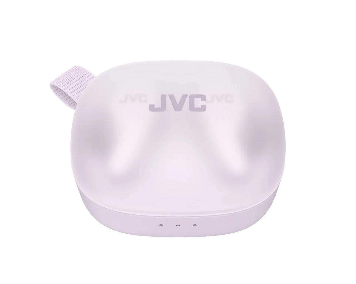 JVC, HA-A23TVU, violetinės sp. dinaminės ausinės - šoninis vaizdas su dirželiu ir indikatoriais