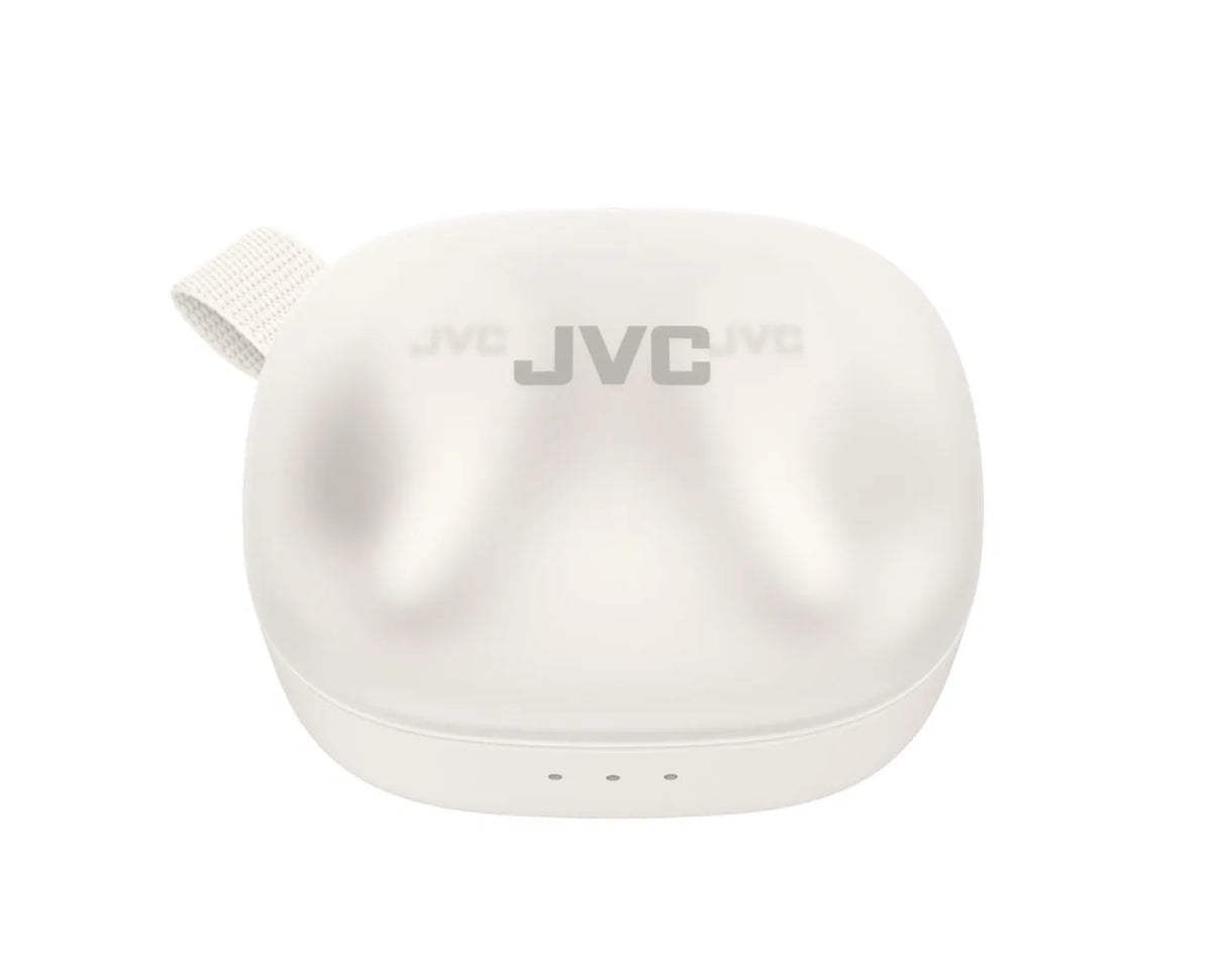 JVC, HA-A23TWU, baltos sp. dinaminės ausinės - baltas dėklas su logotipu ir dirželiu