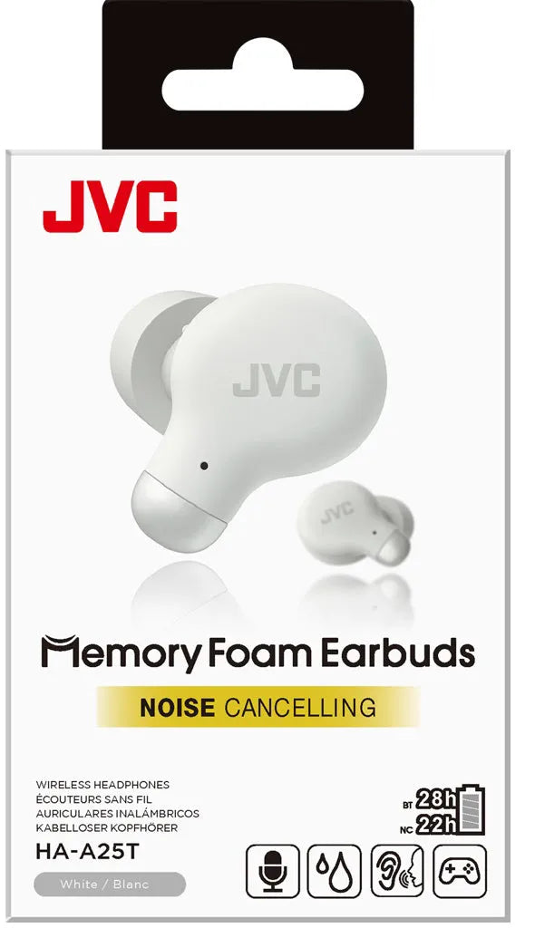 JVC, HA-A25TW-NE, baltos sp. dinaminės ausinės - pakuotė su ausinėmis ir užrašu "Memory Foam Earbuds