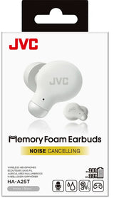 JVC, HA-A25TW-NE, baltos sp. dinaminės ausinės - pakuotė su ausinėmis ir užrašu "Memory Foam Earbuds