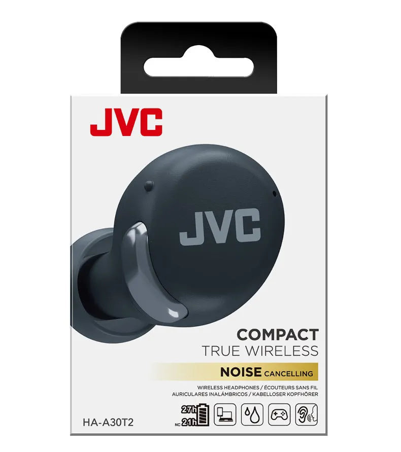 JVC, HA-A30T2-BU, juodos sp. dinaminės ausinės - pakuotė su ausinėmis ir simboliais