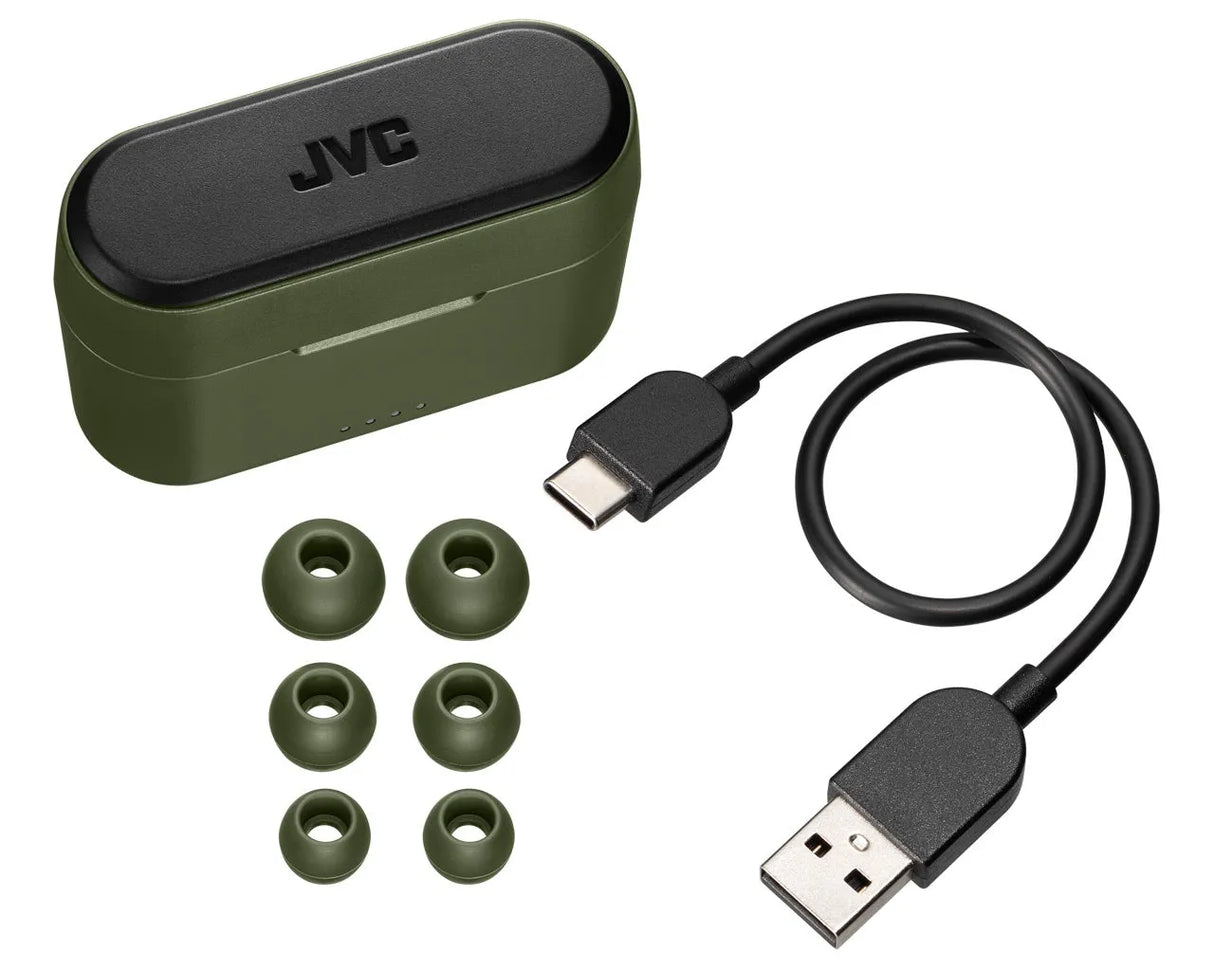 JVC, HA-A9T-GE, žalios sp. dinaminės ausinės - įkrovimo dėklas, ausų antgaliai ir USB-C laidas